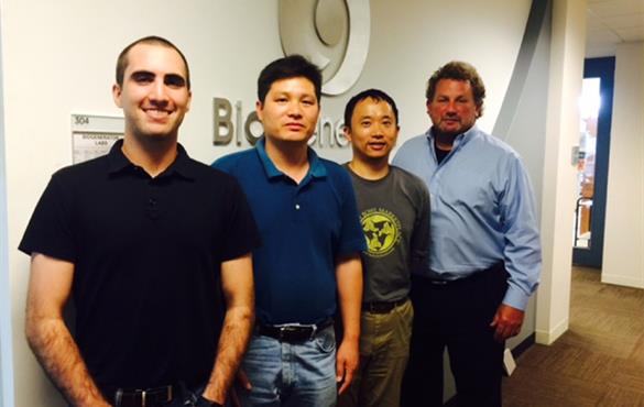Jeffrey Czajka (left) learned a lot working for Arch Innotek and with Yechun Wang, chief scientific officer; Yinjie Tang, the Francis Ahmann Career Development Professor in the School of Engineering & Applied Science; and Craig Morley, Arch Innotek CEO.