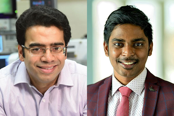 (From left) Harish Krishnaswamy and Aravind Nagulu are collaborating to develop a new class of compact, integrable, high-frequency RF filters for next-generation wireless systems. 